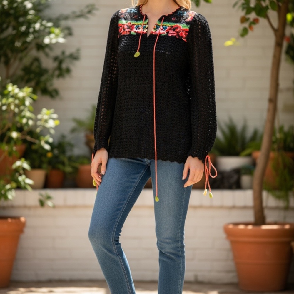 Free People Black Crochet Top with Floral Accents